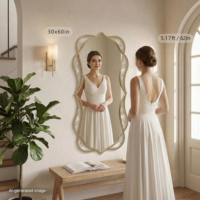 Large Gold Vintage Mirror: 30"X60" Scalloped Long Wall Mirrors