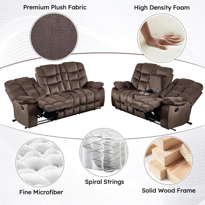3 Seat Manual Reclining Sofa, Soft Fabric Recliner Couch with Padded Headrest and Armrests, 85" Wide Overstuffed 3-Seater Recliner Couches for Living Room, Brown