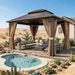 12X12Ft Hardtop Gazebo, Metal Frame with Double Galvanized Steel Roof, Permanent Outdoor Pergola with Curtains and Netting Included for Backyard, Patio, Lawn and Garden, Brown