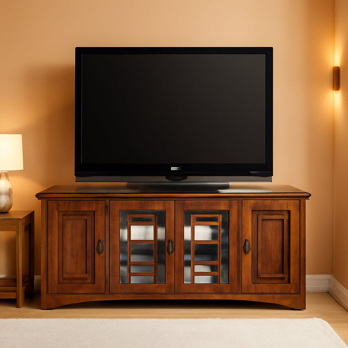 82360 Solid Wood Mission Oak Four Door TV Stand for 65" Tvs Universal TV Console Living Room Storage Shelves Entertainment Center, Mission Oak