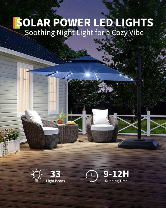 10 Ft Solar Lights Cantilever Patio Umbrella with Base Included, 360° Rotation Offset Umbrella, Easy Crank & Tilt Adjustment, UV Protection for Backyard, Poolside, Deck -Navy Blue