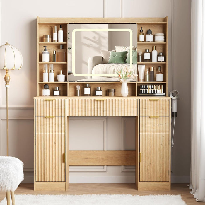 Makeup Vanity Desk with Mirror, Fluted Vanity with 5 Drawers and 2 Cabinets & Open Shelves and Power Outlet & Sliding Lighted Mirror and 3 Lighting Modes, Wood Dressing Table for Bedroom, Natural Oak