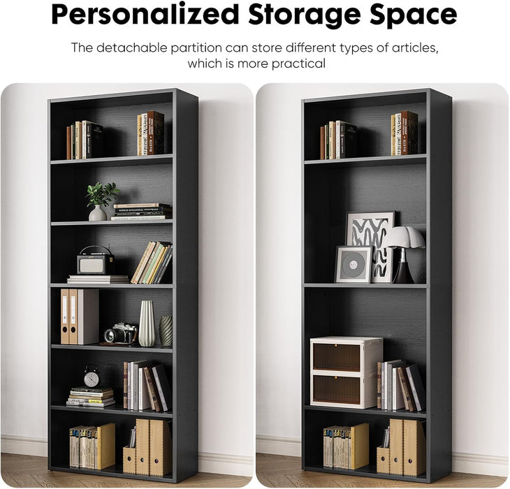 Industrial 6 Shelf Bookcase - Large 63 Inch Tall Floor Standing Open Bookshelf with Anti-Tipping Device for Home Office, Living Room, and Bedroom Storage, Black