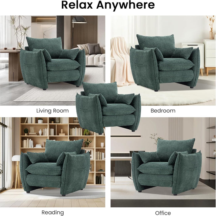 Chenille Oversized Accent Chairs, Modern Oversized Armchair with Removable Pillow, Comfy Living Room Chair with Side Pocket Storage for Bedroom, Office, Green