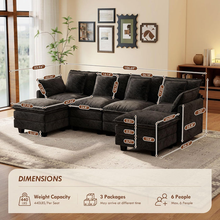 106-Inch Modular Cloud Sofa Black Sectional Modern