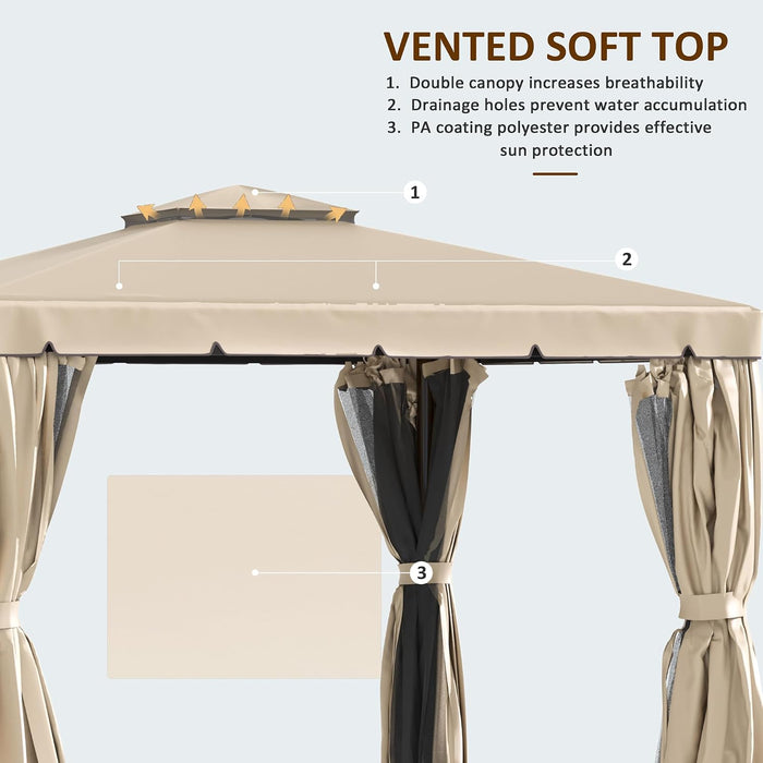 10' X 10' Patio Gazebo, Aluminum Frame Double Roof Outdoor Gazebo Canopy Shelter with Netting & Curtains, for Garden, Lawn, Backyard and Deck, Khaki