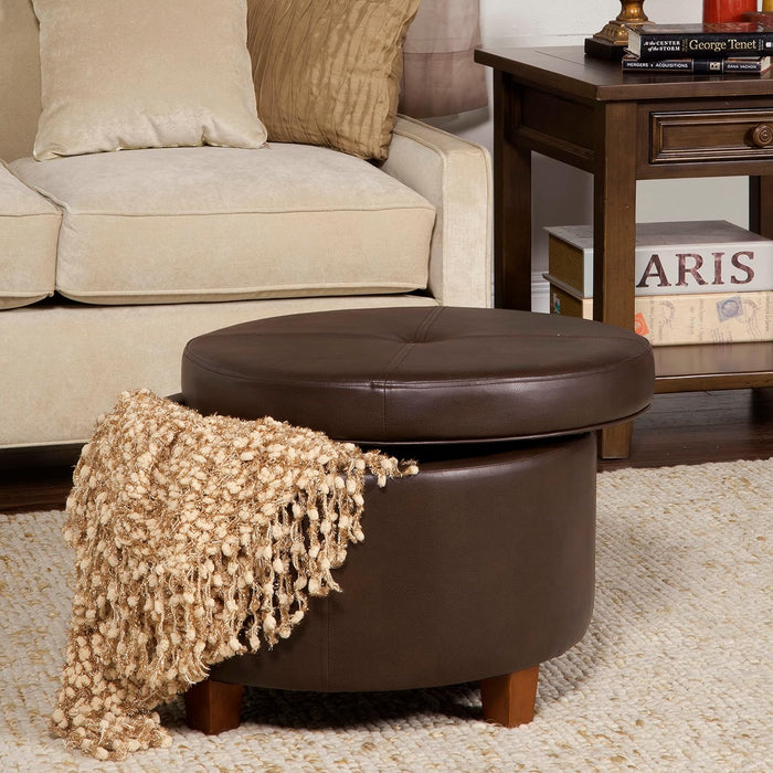 round Leatherette Storage Ottoman with Lid, Chocolate Brown Large