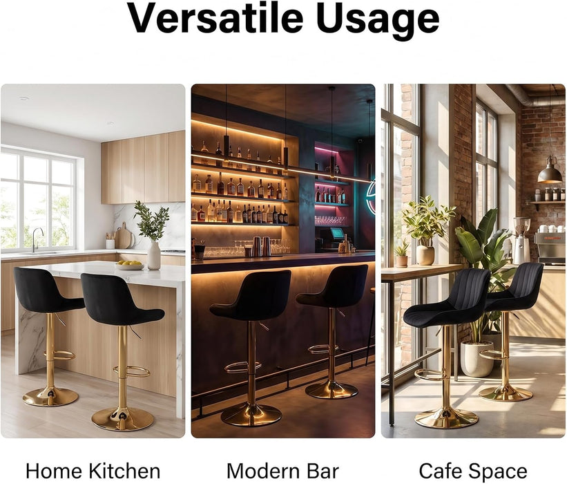 Velvet Bar Stools Set of 4 - Swivel Counter Height Barstools with Back & Adjustable Height, Modern Gold Kitchen Island Stools for Bar, Armless Pub Stools, Soft Black Upholstered Seating