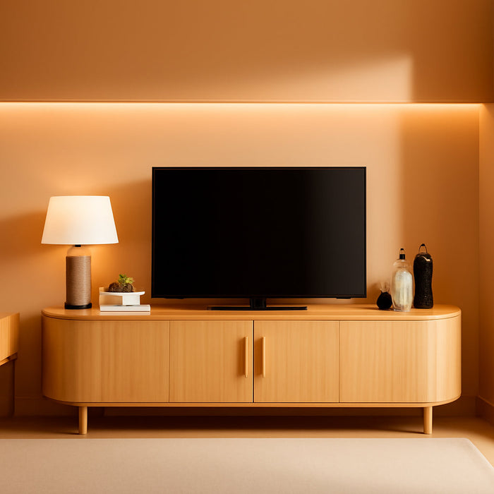 70" Mid Century Modern TV Stand, Wood TV Consoles with Sliding Doors and Power Outlet, Entertainment Center with Adjustable Shelves, Fluted TV Stands for Living Room, Oak