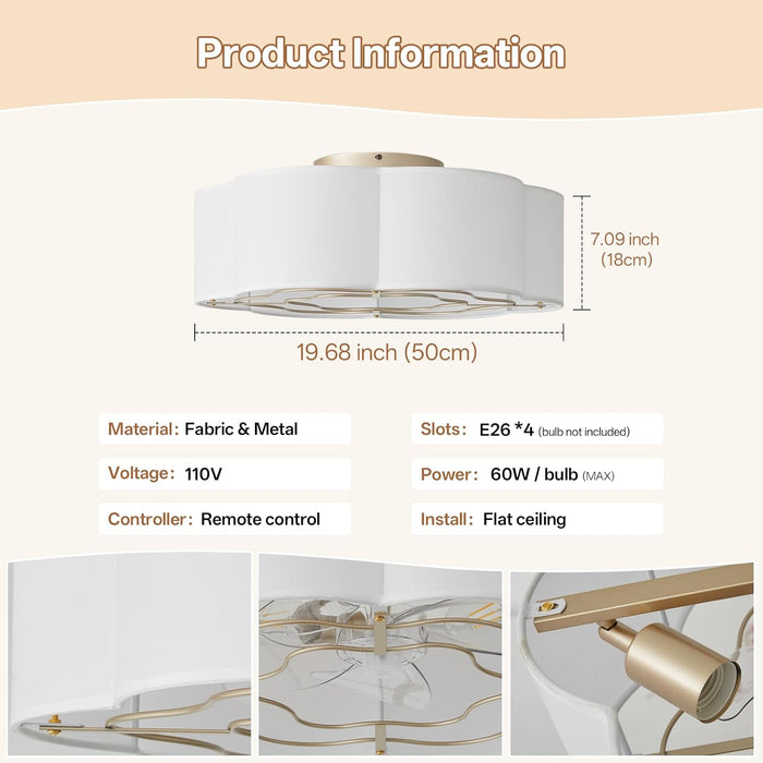 Caged Ceiling Fan with Lights, Flush Mount 20" Boho Ceiling Fans with Lights Remote Control, Low Profile Fabric Bladeless with 6 Speeds for Bedroom, Nursery, Kitchen