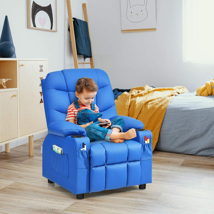 Kids Recliner Chair with Cup Holder, Adjustable Leather Lounge Chair W/Footrest & Side Pockets for Children Boys Girls Room, Ergonomic Toddler Furniture Sofa, Kids Recliner (Blue)