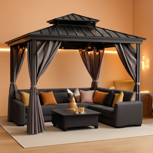 10'X10' Hardtop Gazebo with Curtains and Netting, Galvanized Aluminum Double Layer Iron Roof Weather Resistant, Spacious, Easy Assembly, Patio Gazebo for Patio, Garden and Lawn