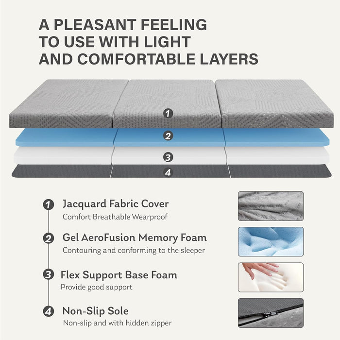 Tri-Fold Memory Foam Mattress, 4 Inch Full Folding Mattress with Collapsible and Washable Cover, Travel and Guest Mat, 75"×54"×4", Grey