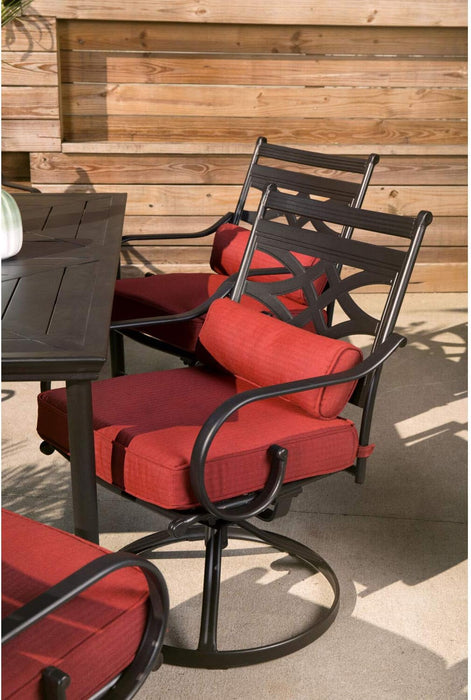 Montclair 7-Piece Outdoor Dining Set with 6 Swivel Rockers, Chili Red Cushions and Stamped Steel Rectangular Dining Table, Patio Dining Set for 6, Premium All-Weather Patio Furniture for Deck