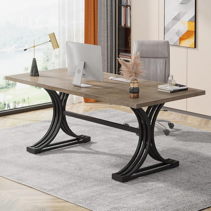 63" Large Office Desk, Modern Executive Desks with Stylish Legs, Wood Computer Desk, Business Furniture Work Desk for Home Office (Grey and Black)