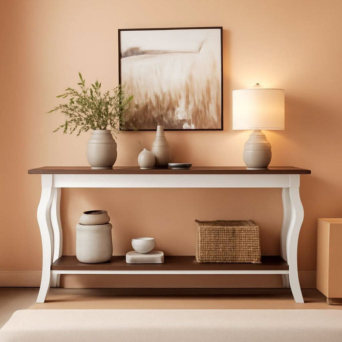 70.9 Inches Long Console Table, 2-Tier Vintage Wooden Sofa Table behind the Couch with Metal Legs for Hallway, Entryway, Living Room, Brown & White