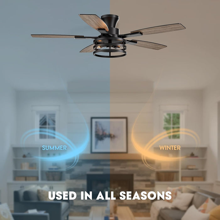 50 Inch Flush Mount Ceiling Fans with Lights and Remote Control, Low Profile Farmhouse Ceiling Fan for Bedroom Living Room and Patio, Black Caged Ceiling Fan for Indoor and Outdoor