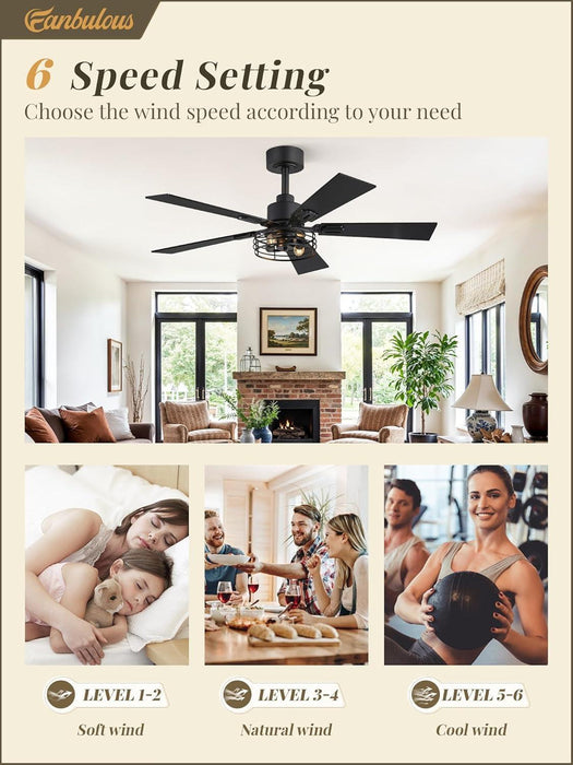 2 Pack Farmhouse 42 Inch Ceiling Fans with Lights, Black Industrial Caged Ceiling Fans for Bedroom Living Room, Double-Sided 5 Blades Rustic Ceiling Fan