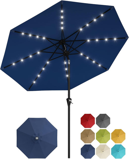 9FT Solar Patio Umbrella with 32 LED Lights - Outdoor Table Umbrella with Crank Lift, Push Button Tilt and 8 Sturdy Ribs - Market Umbrella UV Protection for Pool, Deck, Yard, Garden -Navy Blue
