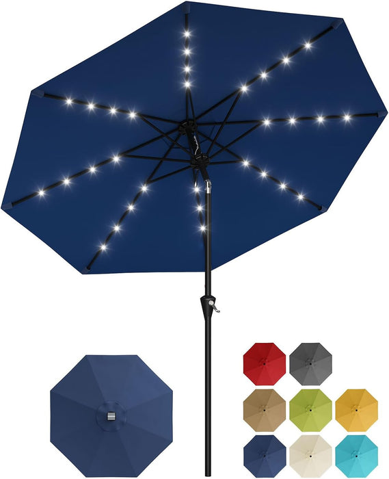9FT Solar Patio Umbrella with 32 LED Lights - Outdoor Table Umbrella with Crank Lift, Push Button Tilt and 8 Sturdy Ribs - Market Umbrella UV Protection for Pool, Deck, Yard, Garden -Navy Blue