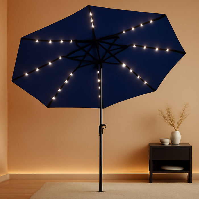 9FT Solar Patio Umbrella with 32 LED Lights - Outdoor Table Umbrella with Crank Lift, Push Button Tilt and 8 Sturdy Ribs - Market Umbrella UV Protection for Pool, Deck, Yard, Garden -Navy Blue