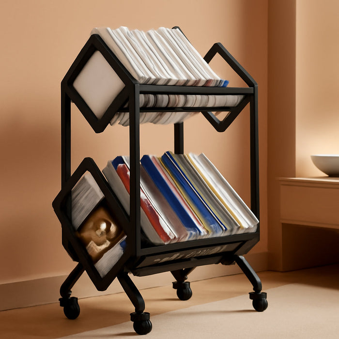 Bookshelf Book Rack Industrial Metal Bookcase 2 Tier Holder with Wheels Modern Stylish Design Magazines Files Album Recipe Book Storage Organizer for Sofa End Bed Beside