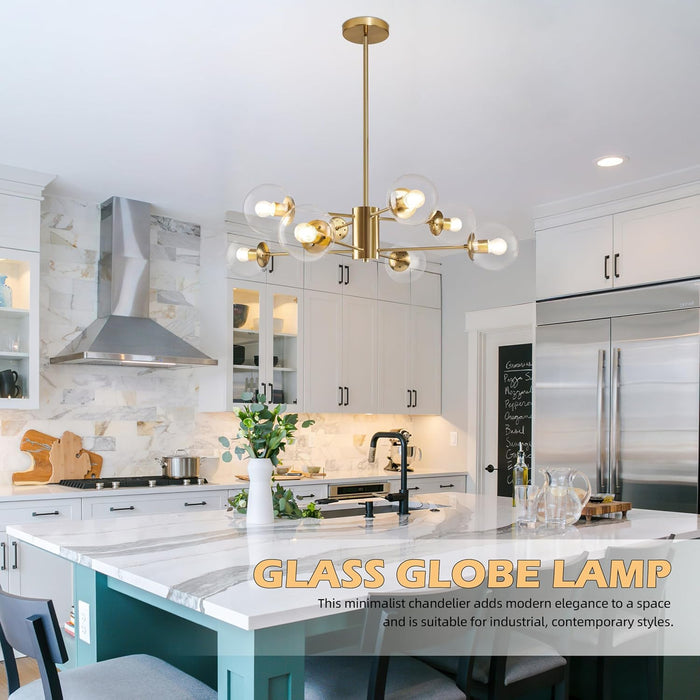 8-Light Globe Sputnik Chandelier Modern Gold Sputnik Chandelier Mid Century Globe Pendant Light Brushed Brass Finished with Clear Glass Lampshade Chandeliers for Kitchen Bedroom
