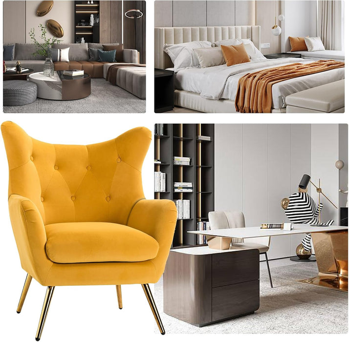 Velvet Mustard Wingback Accent Armchair With Tufting