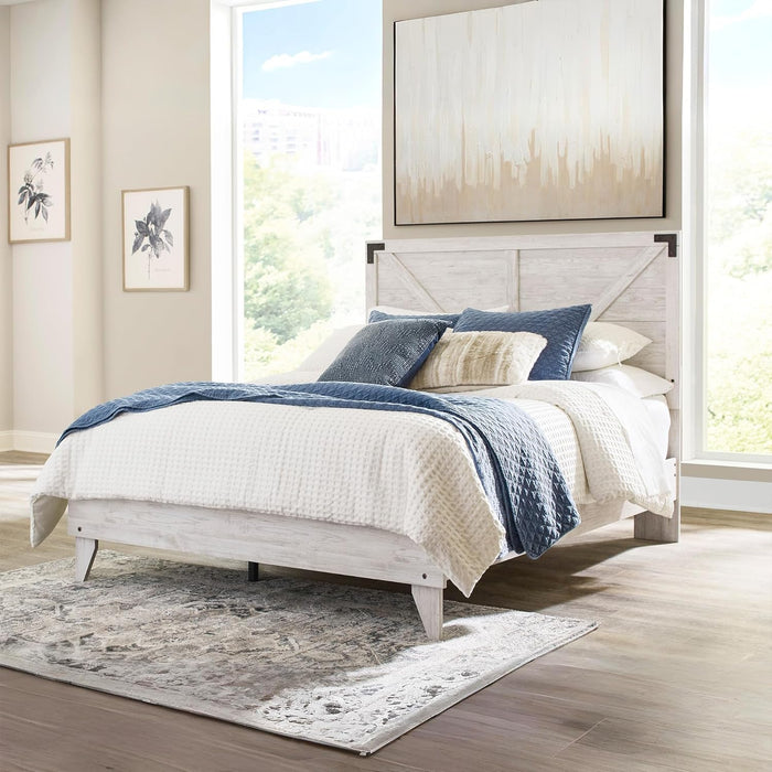 Signature Design by Ashley Shawburn Industrial Queen Crossbuck Panel Platform Bed with Metal Slats, Foundation or Box Spring Not Needed, Whitewash