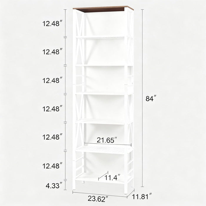 Bookshelf, 7-Tier Bookshelf, Rustic Wood Metal Bookshelves and Bookcases, Freestanding Open Bookshelf, Industrial Tall Bookcase for Home Office, Living Room and Bedroom, White