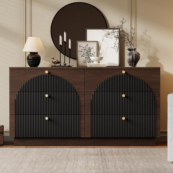 Arched Fluted Dresser for Bedroom 6 Drawers 55" Wide Walnut Black