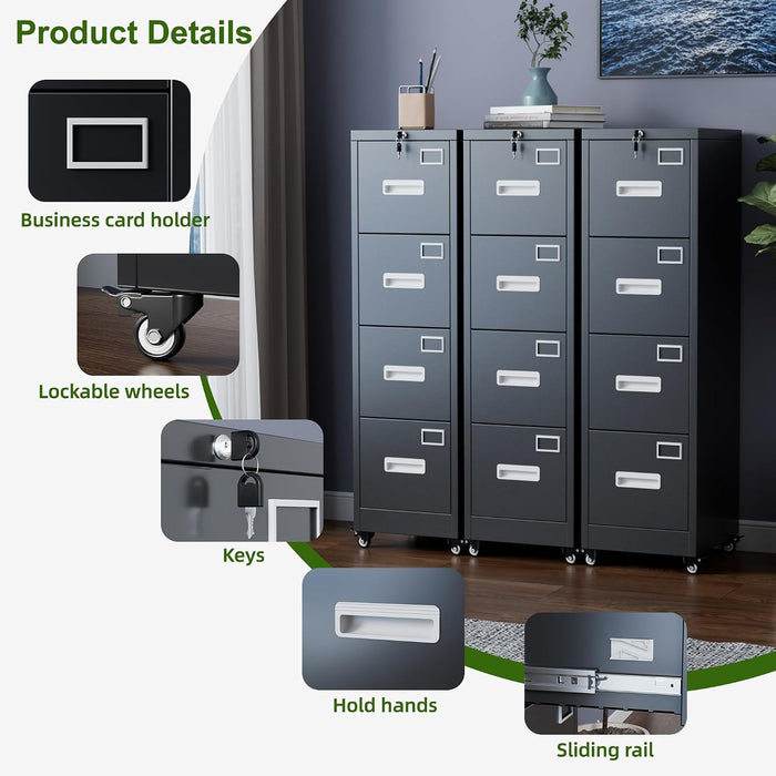 4 Drawer Metal File Cabinet with Lock and Wheels, Black