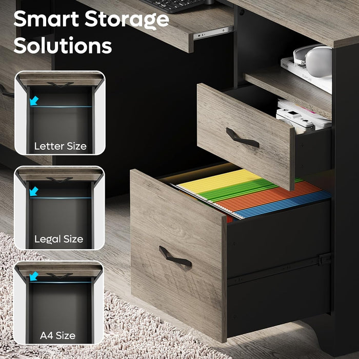 59 Inch Office Desk with 4 Drawers, Computer Desk with Storage, Executive Desk with File Drawer, Keyboard Tray & 2 Pedestals on Both Sides for Home Office, Studio, Grey&Black