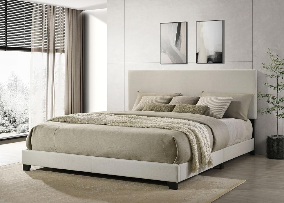 Home Furnishings - Dorian - Fabric Upholstered Wood Panel Bed with Padded Headboard, Wood Legs and Transitional Style - Bedroom - California King Size - Cream - 300852KW