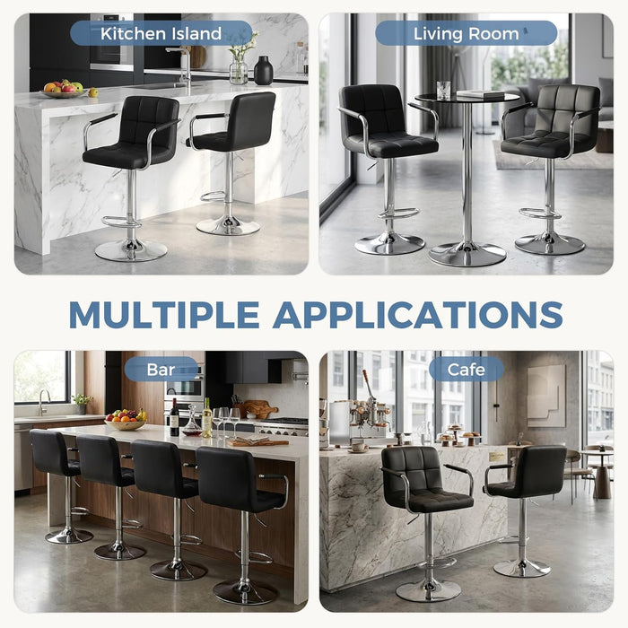 Swivel Bar Stools Set of 4, PU Leather Counter Height Bar Chairs | Adjustable Height, Barstools with Metal Armrests, Backrest, Water-Resistant, Kitchen Island, Pub, Dining Room, Black