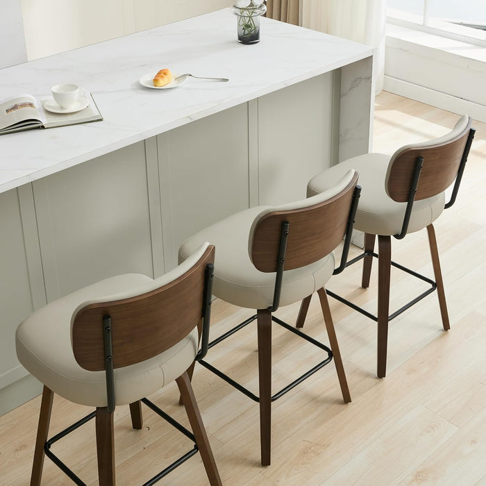 Swivel Bar Stools Set of 3, 26" Counter Height, Beige Grey | Walnut Wood Legs, Upholstered Seat, Supportive Backrest, Easy-Clean Faux Leather, Mid-Century Modern, 4-Inch Cushion