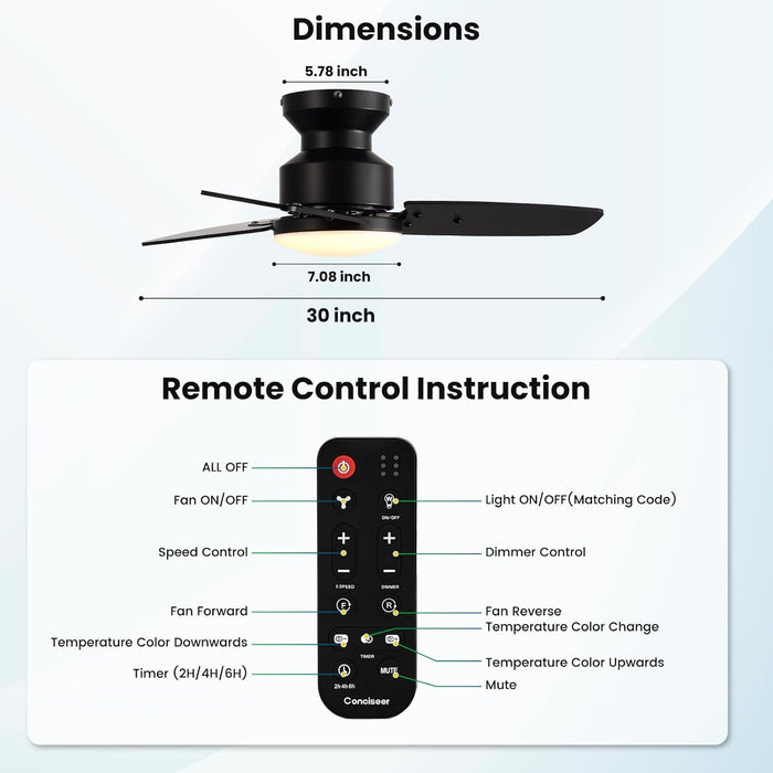 30 Inch Ceiling Fans with Lights and Remote, Bedroom Living Room Office, Flush Mount, 3CCT Dimmable, Dual Color 3 Blades 6 Speed Reversible Quiet DC Motor, Black/Wood Grain