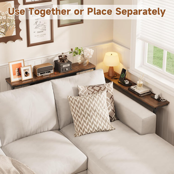 78.8 Inch Narrow Console Table with Power Outlets, 25.2"-35" Adjustable Height Skinny behind the Couch Table with Fabric Storage, Long Sofa Table for Living Room, Entryway, Rustic Brown