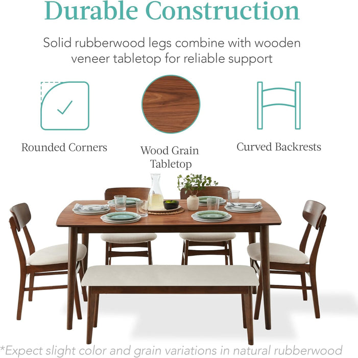 6-Piece Wooden Dining Set, Mid-Century Modern Table & Upholstered Chair Set W/Bench Seat, Rubberwood Legs - Walnut/Cream