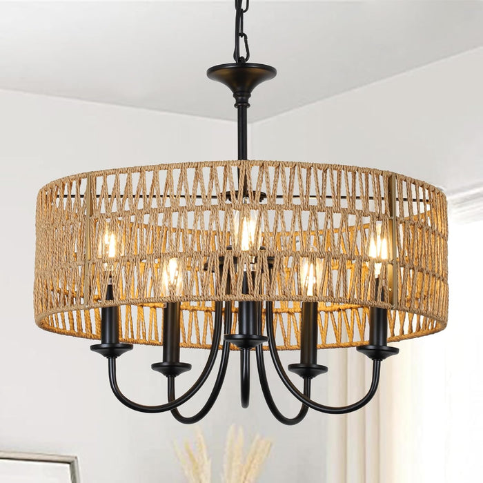 Modern Farmhouse Chandelier Light Fixtures, 5-Lights Large Rattan Pendant Lighting with Hand Woven Wicker Shade, Boho Black Chandeliers for Dining Room Living Room Kitchen Island Bedroom