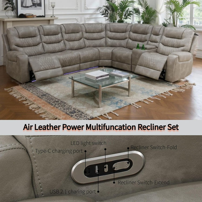 Living Room Furniture Set, Power Reclining Sofa Set, Air Leather Recliners with Built-In USB Ports and Storage Console, LED Reclining Couch Set for Living Room (Grey, Sectional)