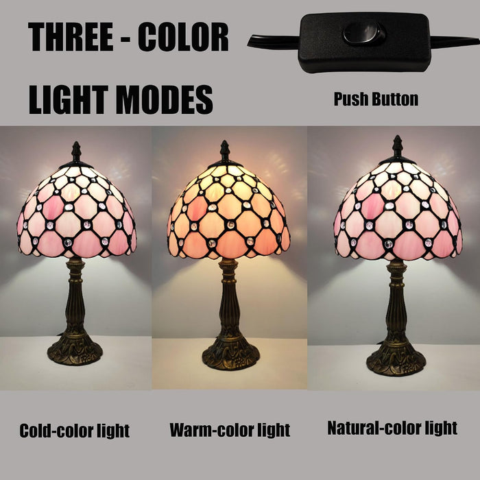 Tiffany Table Lamp 3-Way Light Handmade Bedside Lamp Small Desk Night Lamp Stained Glass Antique for Home Office Bedroom Living Room Study Room (Pink Pearls Style)