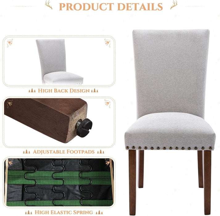 Fabric Dining Chairs Set of 2, Parsons Chairs Upholstered Nailhead Dining Room Kitchen Chair with Thick Cushions and Wood Legs, Light Grey