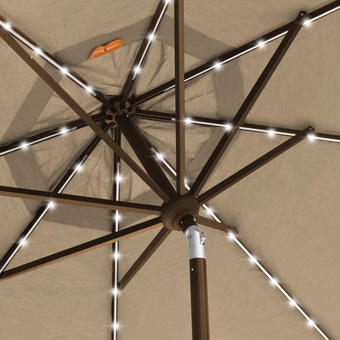 USA 10-Year-Non-Fading 9Ft 3-Tier Market Patio Umbrella, Commercial Table Umbrella with 80 Solar LED Lights, Crank Open, Windproof & UPF 50+ UV Protection for Garden, Deck, Pool, Backyard, Heather Beige