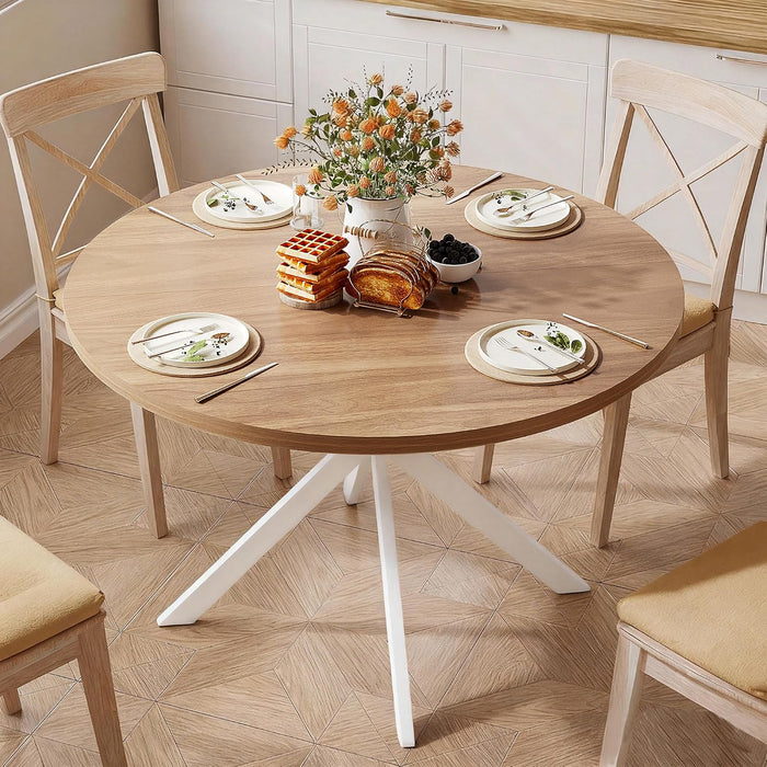 47.2 Inch round Dining Table for 4 | Farmhouse Wood Kitchen Table, Circle Dinner Table for Kitchen & Dining Room, Walnut & White