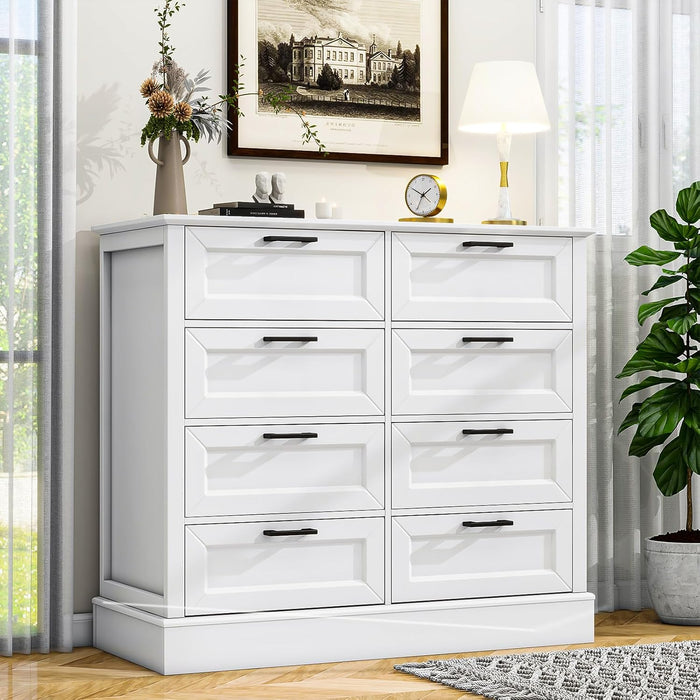 Odeekea White Dresser for Bedroom, Wood Dresser with 8 Drawers, Chest of Drawer for Bedroom Living Room Entryway Hallway, Modern Farmhouse Style