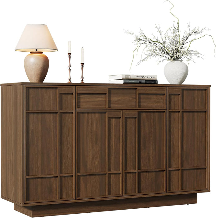 Buffet Cabinet with Storage Drawer & Built-In Lights, 55" Wood Sideboard | Credenza Storage Cabinet with 4 Doors, Coffee Bar for Kitchen, Living Room, Mid Century Modern Style, Skeleton Lines, Walnut