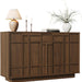 Buffet Cabinet with Storage Drawer & Built-In Lights, 55" Wood Sideboard | Credenza Storage Cabinet with 4 Doors, Coffee Bar for Kitchen, Living Room, Mid Century Modern Style, Skeleton Lines, Walnut
