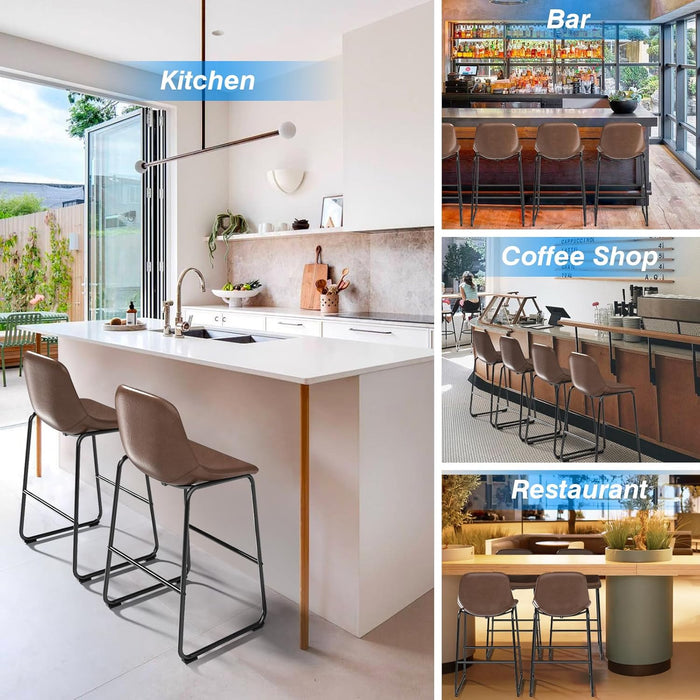 Pu Faux Leather Bar Stools Set of 2, Industrial Pub Barstools with Back and Footrest, Modern Armless Bar Height Stool Chairs (Brown, 30" Barstool X2)