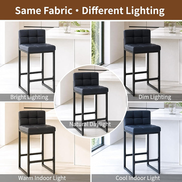 Bar Stools Set of 3, Upholstered Faux Leather Counter Height Barstools with Low Back and Thickened Metal Legs, Modern Bar Chairs for Kitchen Island, Bar (Black, 3Pcs 26" Counter Stools)
